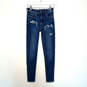 American Eagle Super Stretch Raw Hem Dark Wash Distressed Jeggings Size 2